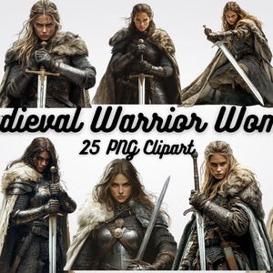 25 Medieval Warrior Woman Clipart, Warrior Clipart, Bold Female Warrior Clipart for Invitations, Crafts & Sublimation