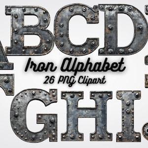 Alfabeto de hierro, clipart de letras, 26 letras PNG de alta calidad, perfectas para invitaciones, manualidades, sublimación y diseños digitales