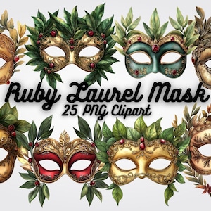 Op de afbeelding: Een verzameling sierlijke, gouden maskers met laurierblad- en robijnaccenten. De maskers zijn versierd met groene bladeren en bessen. Tekst luidt "Ruby Laurel Mask 25 PNG Clipart."