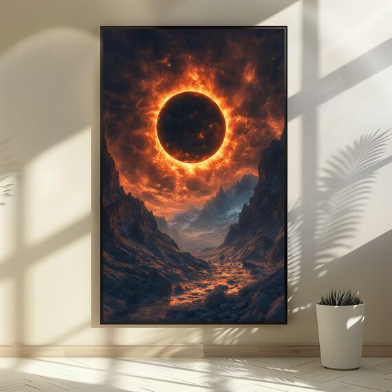 Solar Eclipse Mountain Valley Print: Celestial Wall Art (JPG