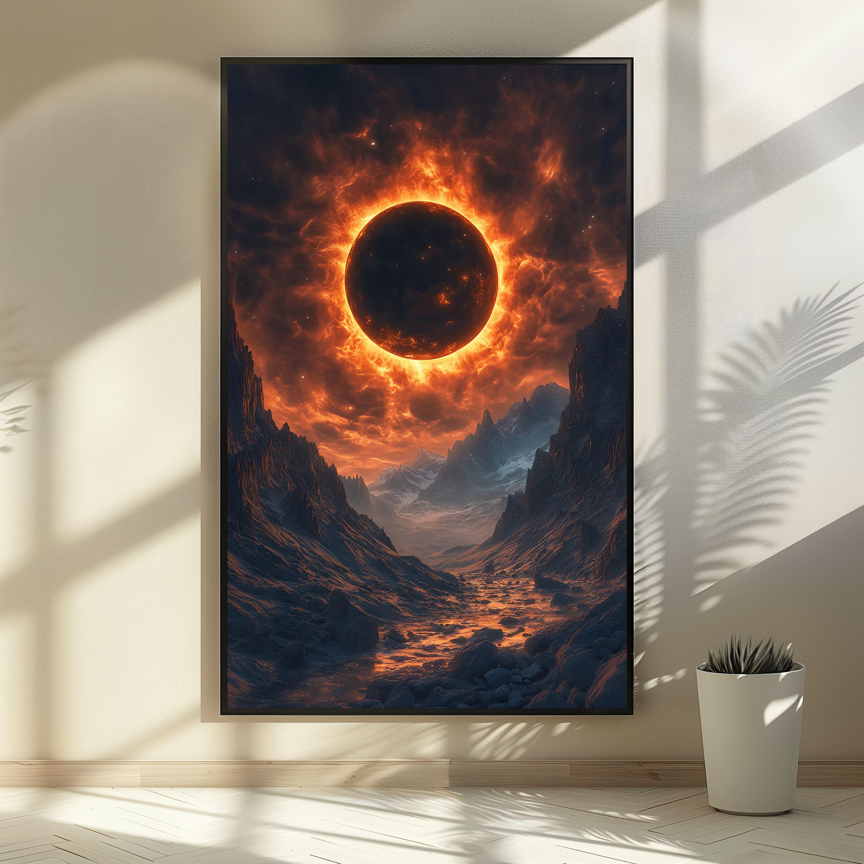 Solar Eclipse Mountain Valley Print: Celestial Wall Art (JPG