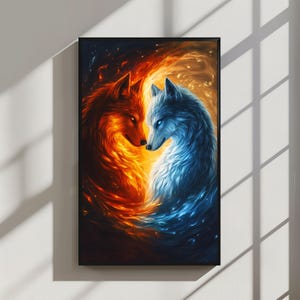 Yin-Yang Zwillinge Wölfe Kunst: Feuer und Eis Fantasy Druck (Digitaler Download)