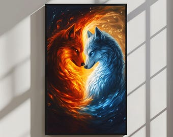 Yin-Yang Twin Wolves Art: Fire and Ice Fantasy Print (Digital Download)