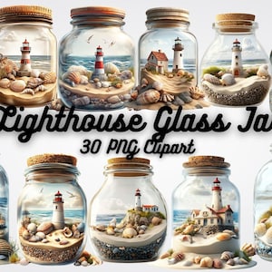 Puede incluir: 30 imágenes de clipart digital de frascos de vidrio con faros en miniatura, conchas marinas y arena en su interior. Los frascos tienen tapas de corcho y están dispuestos en una cuadrícula. El texto "Lighthouse Glass Jar 30 PNG Clipart" se muestra debajo de los frascos.