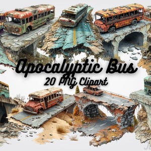 May include: A digital art image featuring multiple dilapidated buses on crumbling bridges and roads. The buses are various colors, including green, orange, and brown, with signs of rust and decay. The text "Apocalyptic Bus 20 PNG Clipart" is displayed.