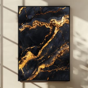 Black and Gold Marble Elegance, Luxurious Abstract Marble Texture with Deep Black and Shimmering Gold Veins, Sophisticated Digital Wall Art