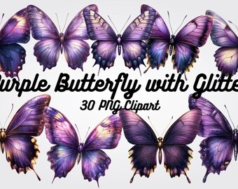 Purple Glitter Butterfly Clipart: 30 PNG Watercolor Illustrations (Digital Download)