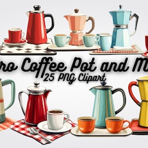 Clipart de cafeteira e canecas retrô, 25 PNGs de café vintage para decoração de cozinha, cardápios de cafeteria, designs digitais, projetos de sublimação e impressão
