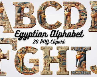 May include: An alphabet of 26 letters in the style of ancient Egyptian hieroglyphs. Each letter is decorated with images of pharaohs, pyramids, and other Egyptian motifs. The letters are in a gold and brown color scheme.
