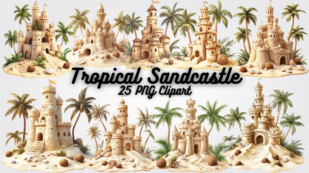 Tropical Sandcastle Clipart, Palm Tree PNG, Beach Illustrations ...