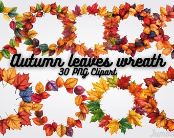 Autumn Leaves Wreath Clipart: Fall Floral PNGs for Thanksgiving (Digital Download 12x12″ )