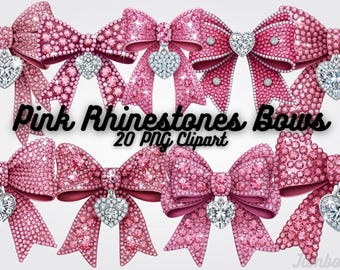 Puede incluir: Una colección de lazos rosas de pedrería con colgantes en forma de corazón. Los lazos son de varios estilos y tamaños, con una apariencia brillante y reluciente. El texto dice "Pink Rhinestones Bows 20 PNG Clipart."