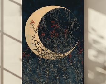 May include: A crescent moon with a spiderweb pattern, set against a dark blue background. The moon is surrounded by branches with red berries and green leaves.