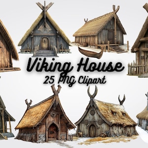 Könnte beinhalten: Ein Set mit 25 PNG-Clipart-Bildern, die verschiedene Stile von Wikingerhäusern zeigen. Die Häuser sind aus Holz und haben Strohdächer. Einige der Häuser haben Türen und Fenster, während andere einfacher gestaltet sind. Die Bilder eignen sich perfekt für den Einsatz in digitalem Scrapbooking, Kartenherstellung und anderen Bastelprojekten.