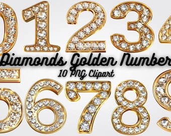 May include: A collection of golden numbers, each encrusted with sparkling diamonds. The numbers 0 through 9 are displayed in a decorative font. The text "Diamonds Golden Number 10 PNG Clipart" is also present.