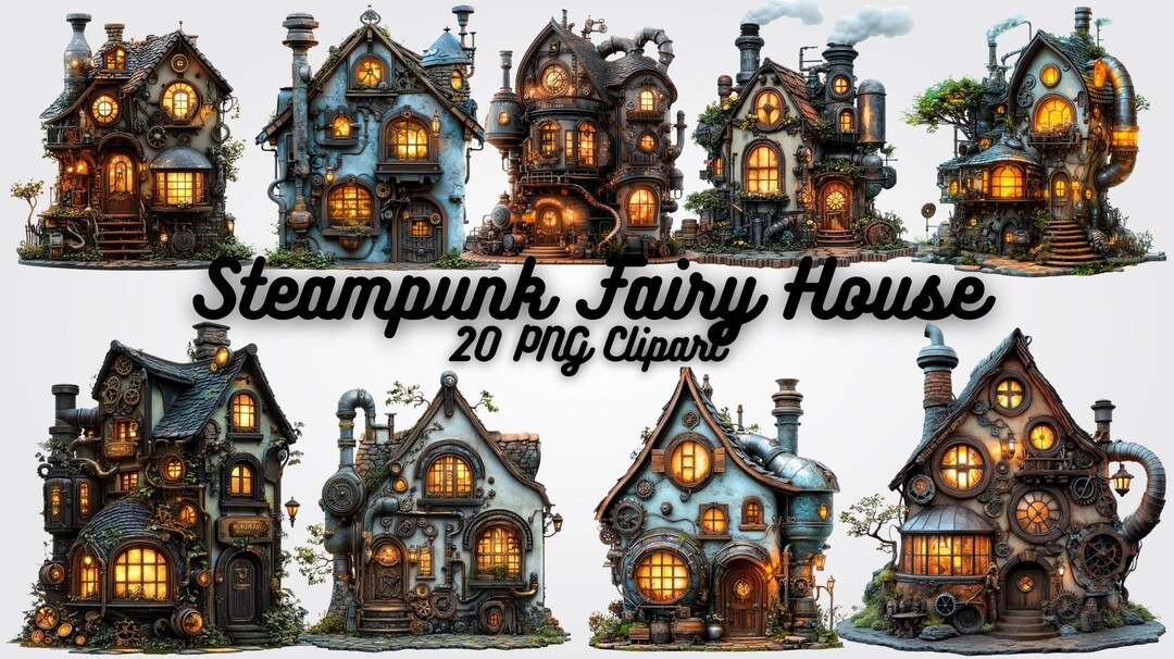 Steampunk Fairy House Clipart, Fantasy Cottage PNG (20 Illustrations ...