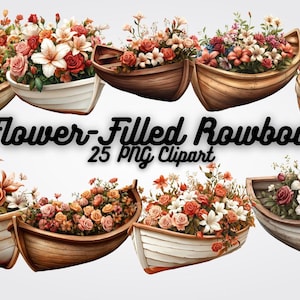 Flower-Filled Rowboat Clipart: Nautical PNG Images (Digital Download)