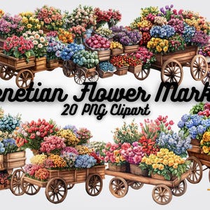 Der venezianische Blumenmarkt Clipart, Aquarell Blumen PNG, rustikaler Blumenwagen, hochwertige Illustrationen für Einladungen, Drucke und digitale Kunst