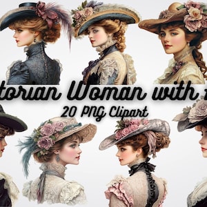 Victorian Woman with Hat Clipart, Portrait Clipart,Elegant Digital Clipart Set with 20 High-Quality PNG Images for Invitations,Crafts & More