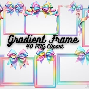 May include: A collection of ten gradient frames with colorful bows. Each frame has a square or rectangular shape with a pastel rainbow gradient. The bows are made of satin ribbon and are in various sizes. The text "Gradient Frame 40 PNG Clipart" is also visible.