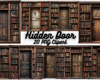 May include: A collection of images featuring hidden doors concealed within bookshelves. The doors are made of wood and surrounded by various sizes of bookshelves filled with books. The text "Hidden Door 20 PNG Clipart" is displayed.