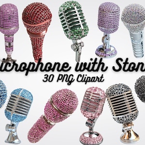 May include: A set of 30 PNG clipart images of microphones decorated with colourful rhinestones. The microphones are in various styles, including handheld and stand-mounted.