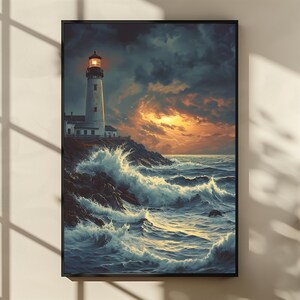 May include: A white lighthouse with a bright light shining from the top stands on a rocky cliff overlooking a stormy sea with large waves crashing against the shore. The sky is a dramatic mix of dark clouds and a fiery orange sunset.