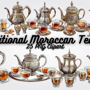 Peut inclure: Un ensemble de 25 théières et tasses à thé marocaines traditionnelles. Les théières sont en argent avec des motifs complexes et les tasses à thé sont en verre transparent. L'ensemble est parfait pour servir le thé dans un style marocain traditionnel.