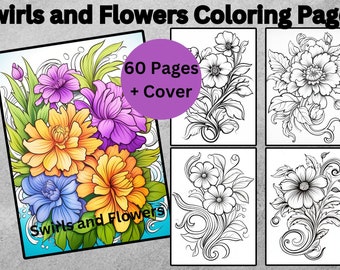 60 Swirls and Flowers Coloring Pages: Grayscale Illustrations (Printable PDF)