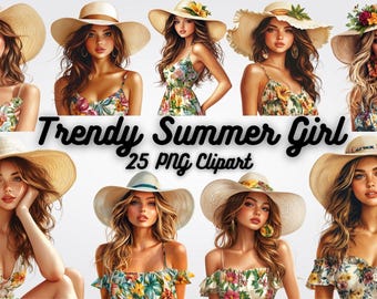 Sommarflicka Clipart: 25 moderiktiga strandflicka PNG-bilder (digital nedladdning)