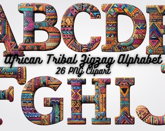 May include: A colorful alphabet set with an African tribal zigzag design. The letters A, B, C, D, F, G, H, I, and J are visible, each with a unique pattern in shades of orange, blue, purple, and yellow. The text "African Tribal Zigzag Alphabet" and "26 PNG Clipart" are also present.