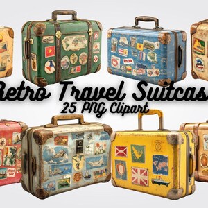 Vintage Suitcase Clipart: Retro Travel Stickers PNG Set (Digital Download)