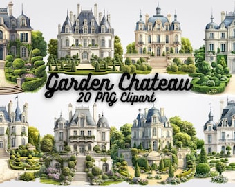 French Garden Chateau Clipart: Elegant Green Illustrations (Digital Print)