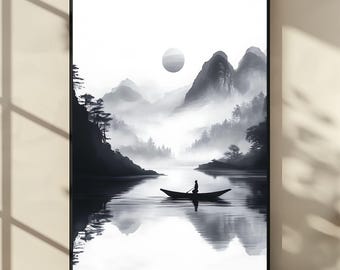 Zen Landscape Art Print: Japanese Monochrome Scene (Digital Download)