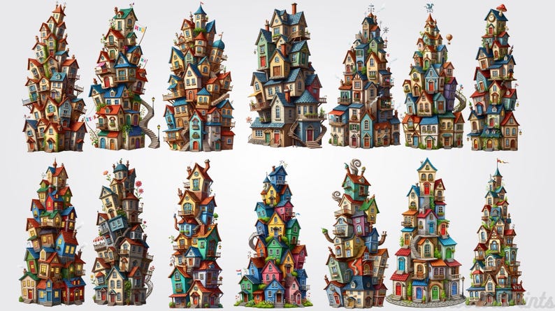 Whimsical Stacked Houses Clipart – Fairy Tale Village PNG (digital ...