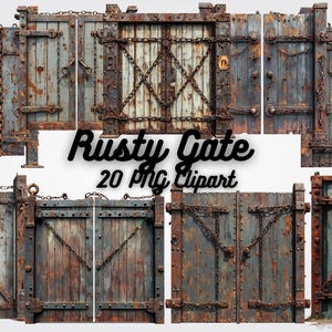 May include: A collection of weathered, rusty gates in various designs. The gates are made of wood and metal, with visible rust and chains. The text "Rusty Gate 20 PNG Clipart" is displayed in the center.