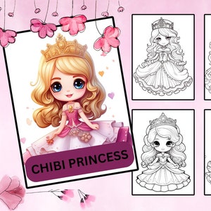 Chibi Princess Coloring Pages for Kids,  50 Coloring Pages, Princess Coloring Book, Instant Download, Printable PDF