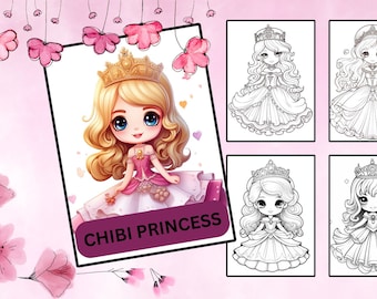 Páginas para colorear de princesas chibi para niños, 50 páginas para colorear, libro para colorear de princesas, descarga instantánea, PDF imprimible