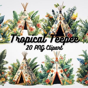 Puede incluir: Un conjunto de 20 imágenes de clipart digital que presentan ilustraciones de acuarela de tipis tropicales. Cada tipi está decorado con patrones florales y rodeado de exuberante vegetación.