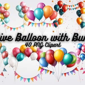Festive Balloon with Bunting Clipart, 40 Party Balloon Graphics, Digital Downloads for Birthday, Baby Shower, Prints, Cards & Invitations