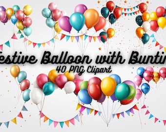 Balloon & Bunting Clipart: 40 Festive Party Graphics (Digital Download)