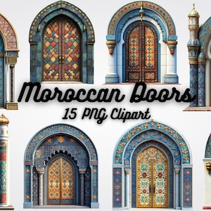 Moroccan Doors Clipart, Door Clipart, 15 Exquisite PNG Designs Showcasing Traditional Moroccan Doorways for Invitations, Crafts, and More
