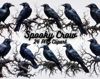 Spooky Crow Clipart PNG Bundle, Gothic Halloween Raven (Digital Download)
