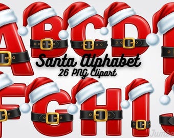 May include: Red letters A through J, each adorned with a Santa hat and a black belt with a gold buckle. The image includes the text "Santa Alphabet" and "26 PNG Clipart". A festive, holiday-themed design.