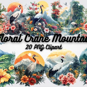 Floral Crane Mountain Clipart: Asian Art PNG Graphics (Digital Download)