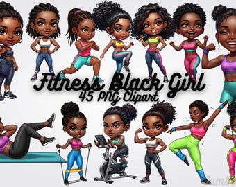 Fitness Black Girl Clipart - African American Workout Woman Gym Exercise Art PNGs