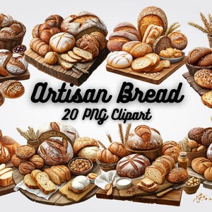 Clipart de Pão Artesanal PNG, 20 Ilustrações de Padaria Rústica para Cardápios de Cafés, Decoração de Cozinha, Cartões de Receita, Convites, Sublimação