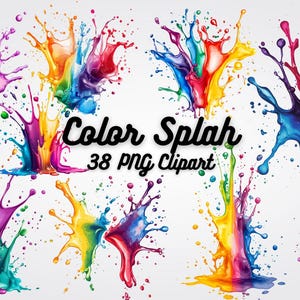 May include: A collection of 38 colorful paint splatters in various shades of red, orange, yellow, green, blue, purple, and pink. The splatters are isolated on a white background. "Color Splash 38 PNG Clipart" is written in black text below the splatters.