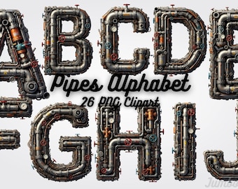 Steampunk Pipes Alphabet Clipart – Industrial Metal Font (PNG Digital Download)