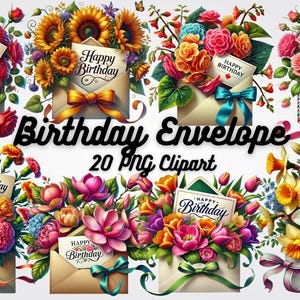 20 Clipart de envelope de aniversário, clipart de flores, designs de PNG de envelope floral com notas de feliz aniversário para convites, impressões e projetos DIY